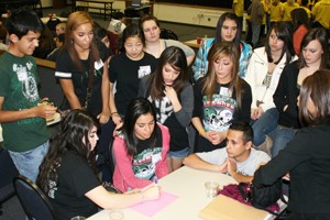 Group of students surrounding a table